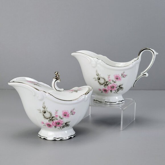 Vintage German Tirschenreuth Picardy Creamer & Sugar Pink Gray Floral Platinum